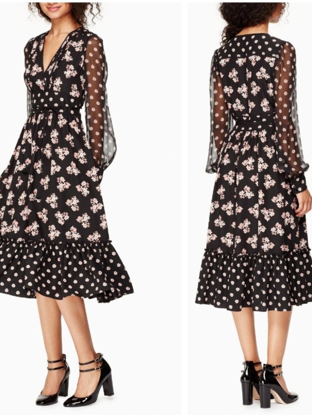 Kate Spade New York 100% Silk Black Floral Midi Dress Tassel Tie Size 0